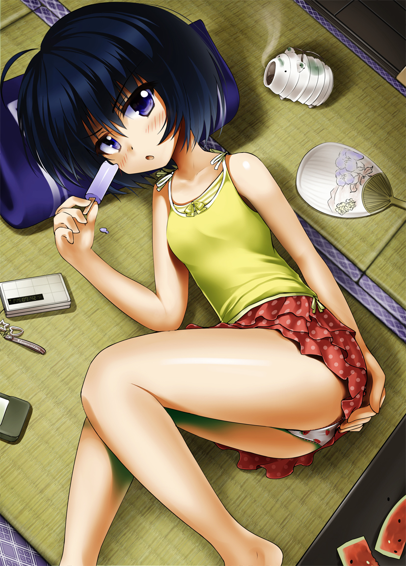 1girl black_hair cellphone fan food fruit katori_buta lying mocchi on_side original panties paper_fan phone popsicle print_panties short_hair skirt solobag strawberry_panties strawberry_print tank_top uchiwa underwear upskirt violet_eyes watermelon