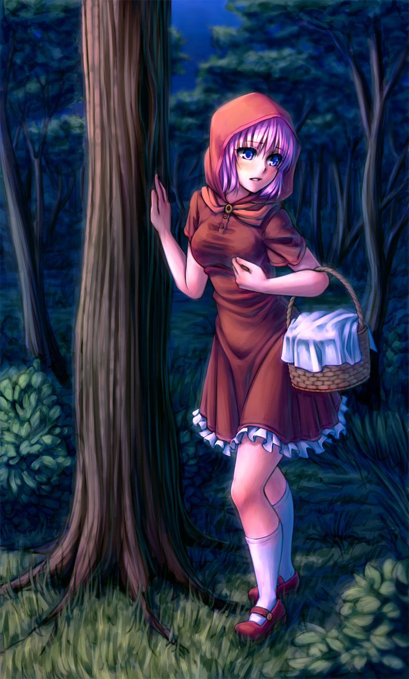 1girl basket blush breasts cosplay forest highres hood little_red_riding_hood little_red_riding_hood_(cosplay) mary_janes momo_velia_deviluke monorus nature pink_hair shoes short_hair socks solo to_love-ru to_love-ru_darkness violet_eyes