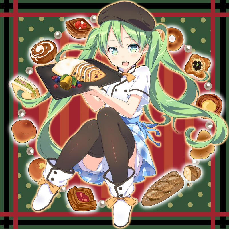 1girl bell bread food green_eyes green_hair hat hatsune_miku long_hair open_mouth sama solo thighhighs tray twintails very_long_hair vocaloid