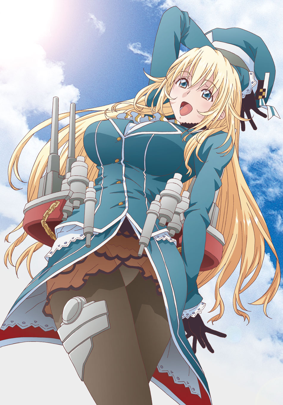 1girl amano_yoki atago_(kantai_collection) blonde_hair blue_eyes breasts from_below gloves hat highres kantai_collection large_breasts long_hair looking_at_viewer machinery open_mouth panties panties_under_pantyhose pantyhose pantyshot personification solo turret underwear
