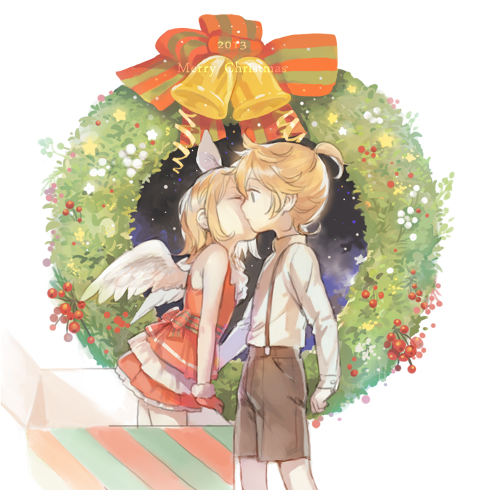 1boy 1girl angel_wings bare_shoulders bell blonde_hair blue_eyes brother_and_sister cheek_kiss christmas closed_eyes dress formalin gloves hair_ribbon kagamine_len kagamine_rin kiss ponytail red_dress red_gloves ribbon short_hair short_ponytail shorts siblings suspenders twins vocaloid wings wreath