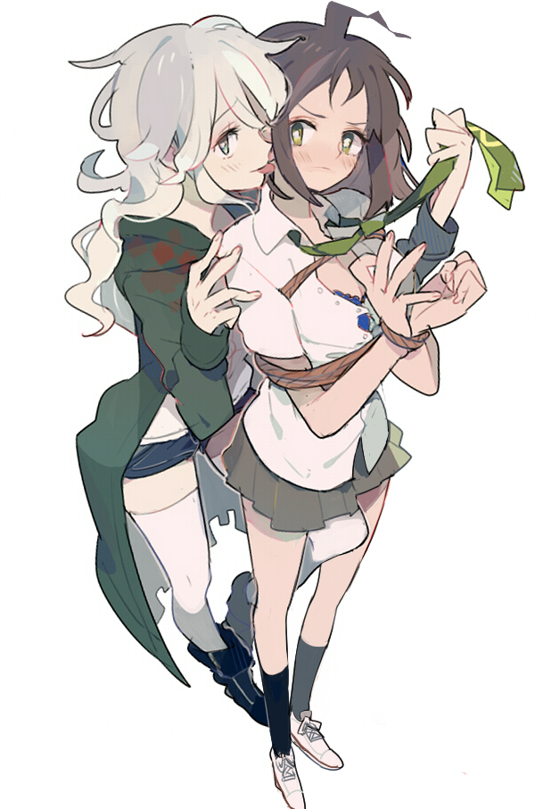 2girls ahoge blue_eyes blush boots brown_hair camisole dangan_ronpa genderswap green_eyes hinata_hajime hood kneehighs komaeda_nagito leg_between_thighs long_coat long_hair looking_at_another looking_at_viewer multiple_girls necktie pikaro pleated_skirt shoes short short_hair skirt sneakers socks standing super_dangan_ronpa_2 t-shirt thighhighs tied_up tongue unbuttoned white_background white_hair white_legwear