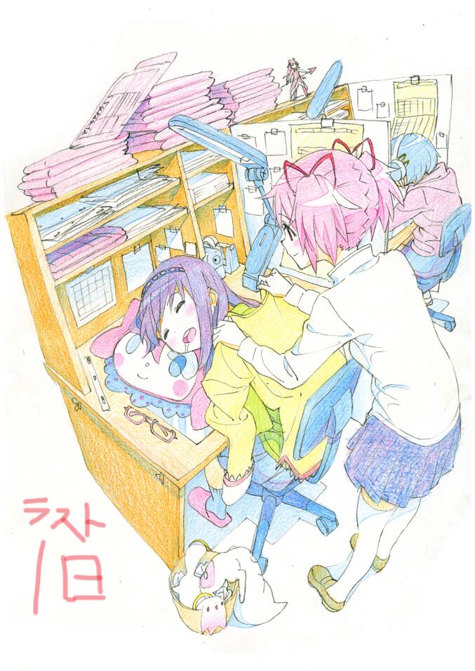 akemi_homura chair character_pillow charlotte_(madoka_magica) colored_pencil_(medium) desk desk_lamp egocoroking figure glasses kaname_madoka kyubey mahou_shoujo_madoka_magica miki_sayaka pillow sakura_kyouko sitting sleeping traditional_media trash_can twintails