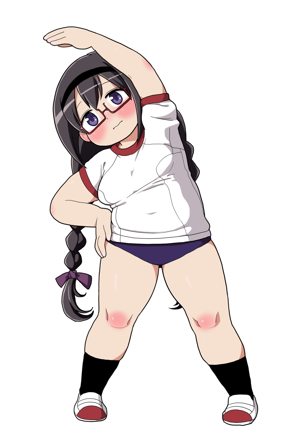 1girl akemi_homura black_hair blush braid breasts buruma glasses gym_uniform hair_ribbon hairband hand_on_hip highres long_hair mahou_shoujo_madoka_magica norihito plump red-framed_glasses ribbon shoes simple_background solo spoilers standing stretch twin_braids uwabaki violet_eyes white_background