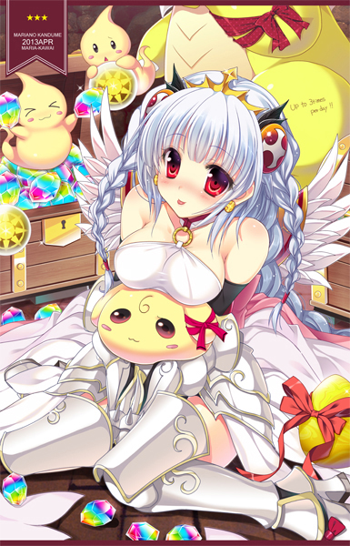 1girl :3 :p bare_shoulders braid breast_rest breasts dragon hairband kawai_maria puzzle_&amp;_dragons red_eyes shynee silver_hair sitting smile stone tongue tongue_out topalit treasure_chest twin_braids valkyrie_(p&amp;d) wariza wings