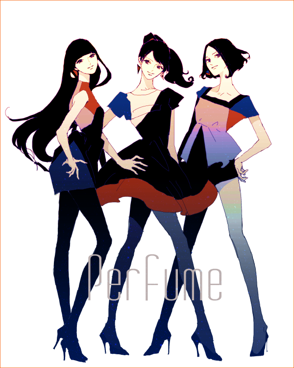 3girls a~chan bangs bare_legs bare_shoulders black_hair black_legwear border dress earrings hand_on_hip high_heels jewelry kashiyuka long_hair looking_at_viewer multiple_girls nocchi_(perfume) pantyhose perfume ponytail short_hair sleeveless smile standing unabara white_background