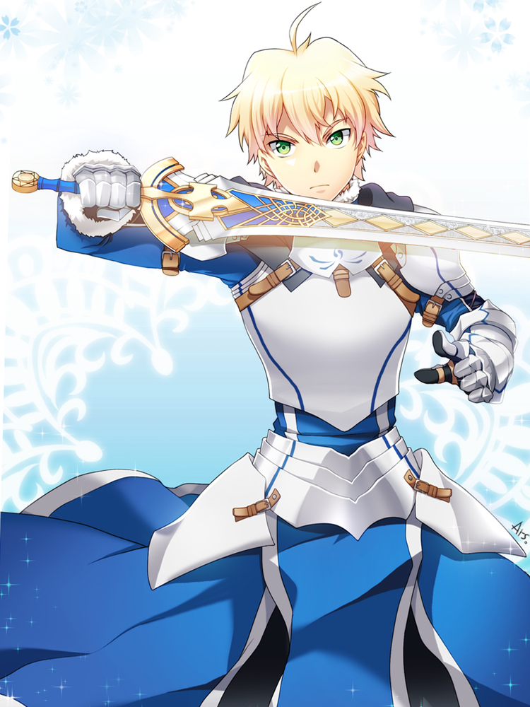 1boy ahoge arisu_shiria armor blonde_hair excalibur_(fate/prototype) fate/prototype fate_(series) green_eyes saber_(fate/prototype) solo sword weapon
