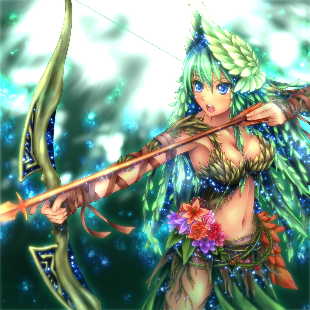 arrow blue_eyes bow flower green_hair hozenkakari magic:_the_gathering midriff navel nylea