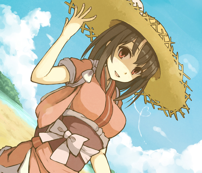 1girl beach blush breasts heart ichi_hachi_rei_rei japanese_clothes large_breasts looking_at_viewer open_mouth original red_eyes short_hair skywriting sleeves_rolled_up smile solo tasuki