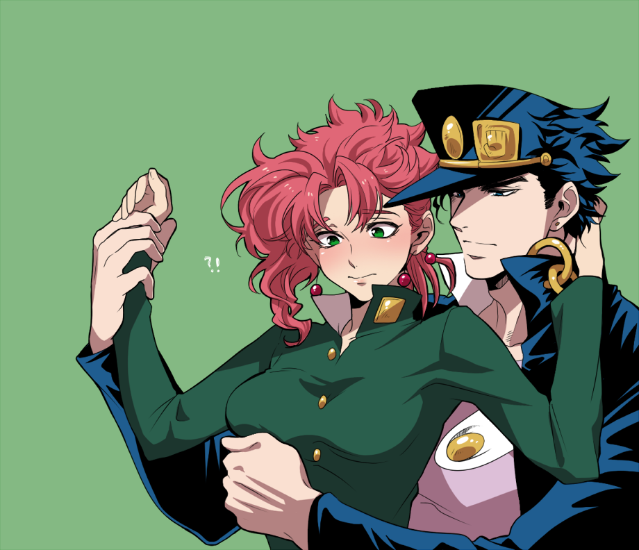 1boy 1girl black_hair earrings gakuran genderswap green_eyes hat jewelry jojo_no_kimyou_na_bouken kakyouin_noriaki kuujou_joutarou pink_hair school_uniform vldksltlah88