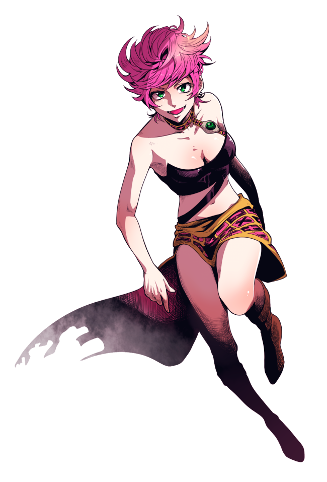 1girl breasts cleavage green_eyes jojo_no_kimyou_na_bouken midriff pink_hair short_hair skirt solo trish_una vldksltlah88