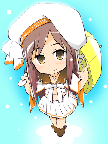 1girl blush bow brown_hair chibi hat jewelry looking_at_viewer lowres necklace skirt smile solo umbrella wancho