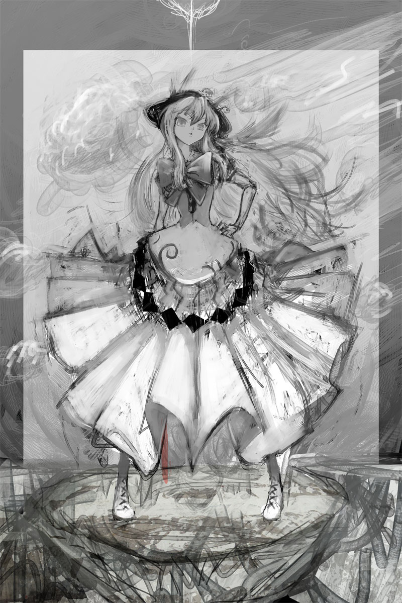 1girl arm_behind_back boots border clouds cong1991 cross-laced_footwear from_below greyscale hand_on_hip hat highres hinanawi_tenshi holding_sword huge_bow keystone lips long_skirt monochrome payot pleated_skirt pursed_lips sketch skirt sky solo spot_color sword_of_hisou texture touhou wind