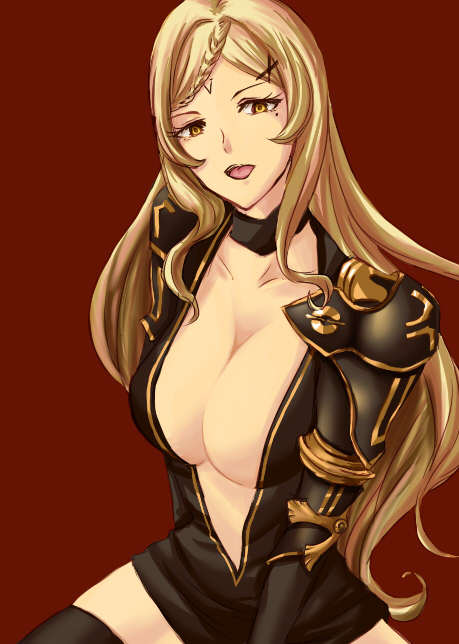 1girl black_legwear blonde_hair breasts drag-on_dragoon_3 five_(drag-on_dragoon) large_breasts looking_at_viewer mole open_mouth oshugu red_background simple_background smile solo thigh-highs tongue