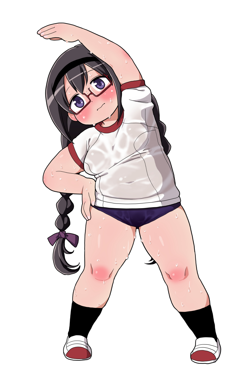 1girl akemi_homura black_hair blush braid breasts buruma glasses gym_uniform hair_ribbon hairband hand_on_hip highres long_hair mahou_shoujo_madoka_magica navel norihito plump red-framed_glasses ribbon shoes simple_background solo spoilers standing stretch sweat twin_braids uwabaki violet_eyes wet wet_clothes white_background