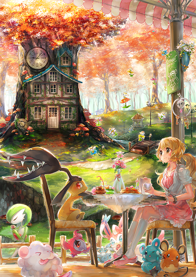 1girl alternate_costume autumn_leaves azurill blonde_hair bracelet bridge carbink dedenne dress flabebe flower gardevoir gym jewelry klefki kneehighs long_hair mawile mushroom namie-kun pokemon pokemon_(creature) pokemon_(game) pokemon_xy serena_(pokemon) sitting smile spritzee swirlix sylveon tree twintails white_legwear