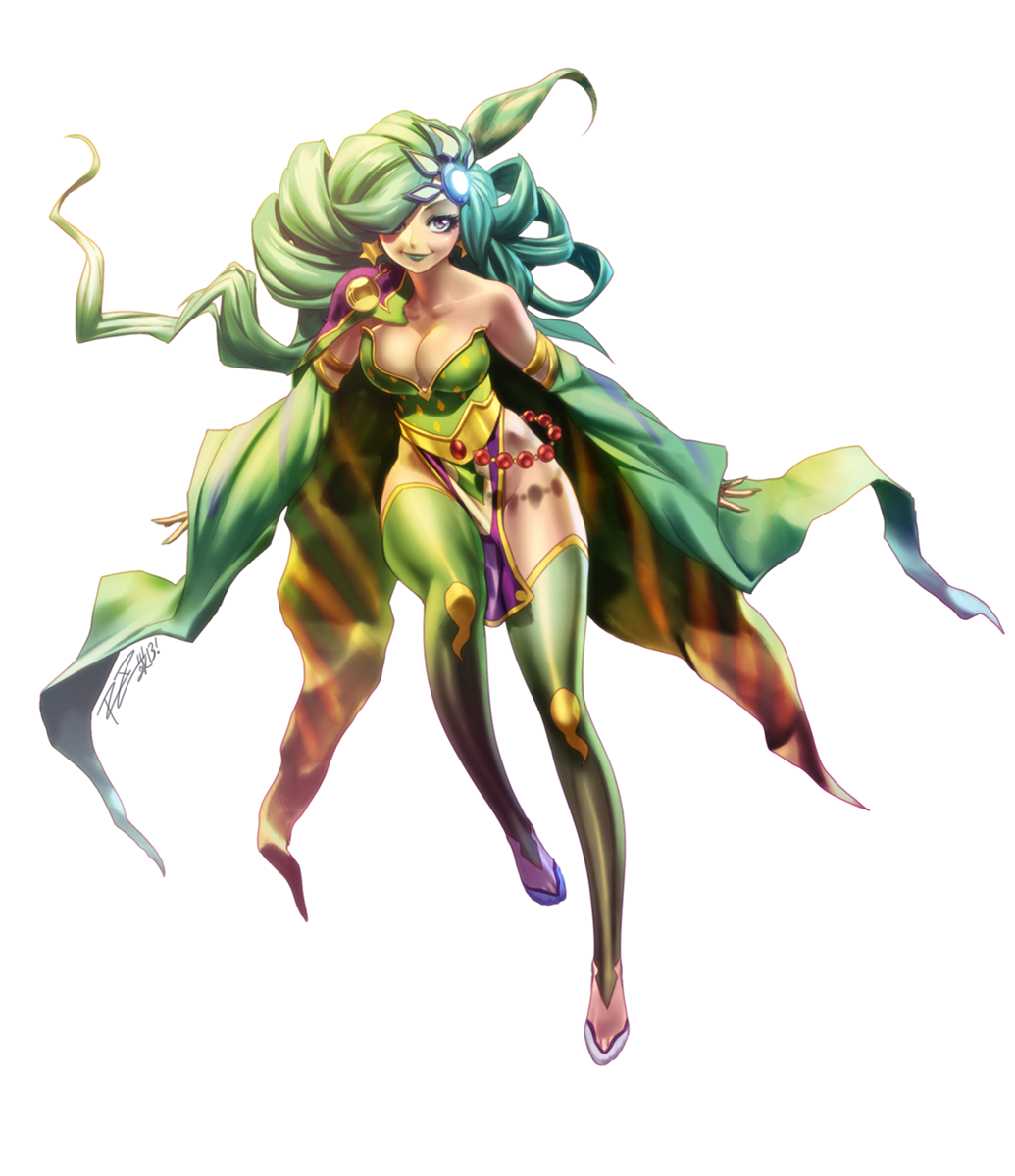 asymmetrical_hair bare_shoulders boots cleavage_reach coattails detached_sleeves eyelashes eyeliner final_fantasy final_fantasy_iv full_body glowing green_hair green_legwear green_lipstick green_nails hair_ornament hair_over_one_eye highres lipstick loincloth long_hair makeup nail_polish rydia smile thigh-highs thigh_boots violet_eyes white_background wide_sleeves
