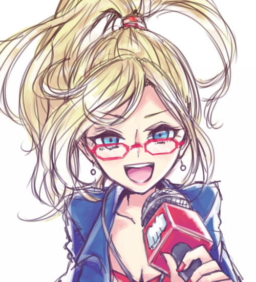 1girl blonde_hair blue_eyes earrings glasses janna_windforce jewelry league_of_legends looking_at_viewer messy_hair microphone open_mouth ponytail shimatta solo
