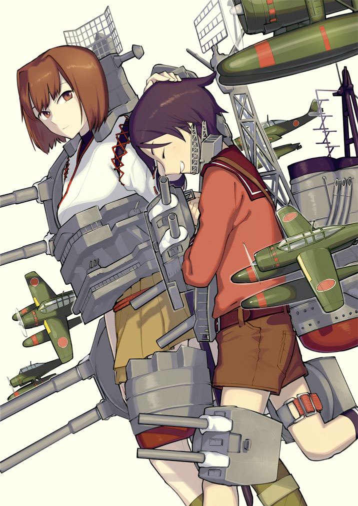 2girls airplane androgynous belt black_hair brown_eyes brown_hair closed_eyes hand_on_another's_head hand_on_head hyuuga_(kantai_collection) japanese_clothes kantai_collection mogami_(kantai_collection) multiple_girls nakatani personification sailor_collar short_hair shorts skirt smile