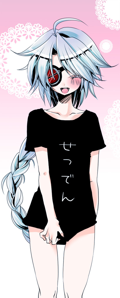 1girl ahoge alternate_costume blazblue blush eyepatch ishitsuki_merokoa nu-13 shirt_only silver_hair smile t-shirt