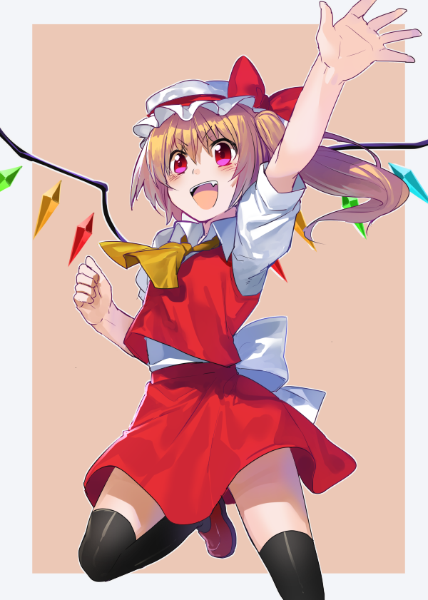 1girl black_legwear blonde_hair erubo flandre_scarlet hat red_eyes short_hair side_ponytail skirt smile solo thighhighs touhou waving wings