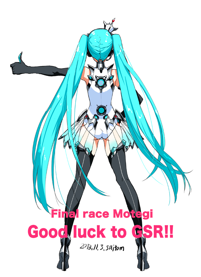 1girl aqua_hair back_turned boots crown elbow_gloves from_behind gloves goodsmile_company hatsune_miku headphones headset high_heel_boots long_hair official_art racequeen saitom solo thigh_boots thighhighs thumbs_up twintails very_long_hair vocaloid