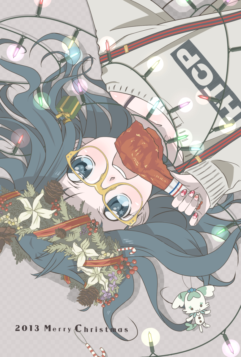 1girl 2013 bespectacled blue_eyes blue_hair chicken_(food) christmas_lights christmas_ornaments coffret_(heartcatch_precure!) food glasses heartcatch_precure! highres kurumi_erika lying mahkn merry_christmas nail_polish open_mouth precure solo sweater wreath yellow-framed_glasses