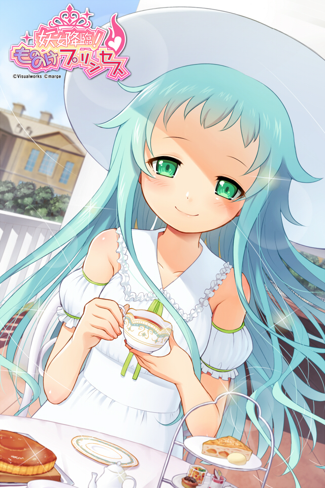 1girl aqua_hair armband bare_shoulders chair character_request copyright_request cup dress erokosei feet green_eyes logo long_hair pastry plate saucer sitting smile table tea teacup
