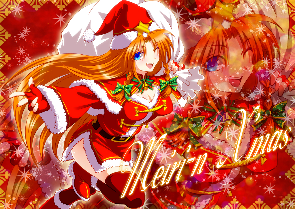 1girl bag bell belt blue_eyes breasts brown_hair capelet cleavage hat hijikawa_arashi hong_meiling long_hair long_sleeves looking_at_viewer merry_christmas open_mouth pun red_boots red_legwear santa_costume santa_hat smile solo sparkle star thighhighs touhou very_long_hair wide_sleeves wink zettai_ryouiki