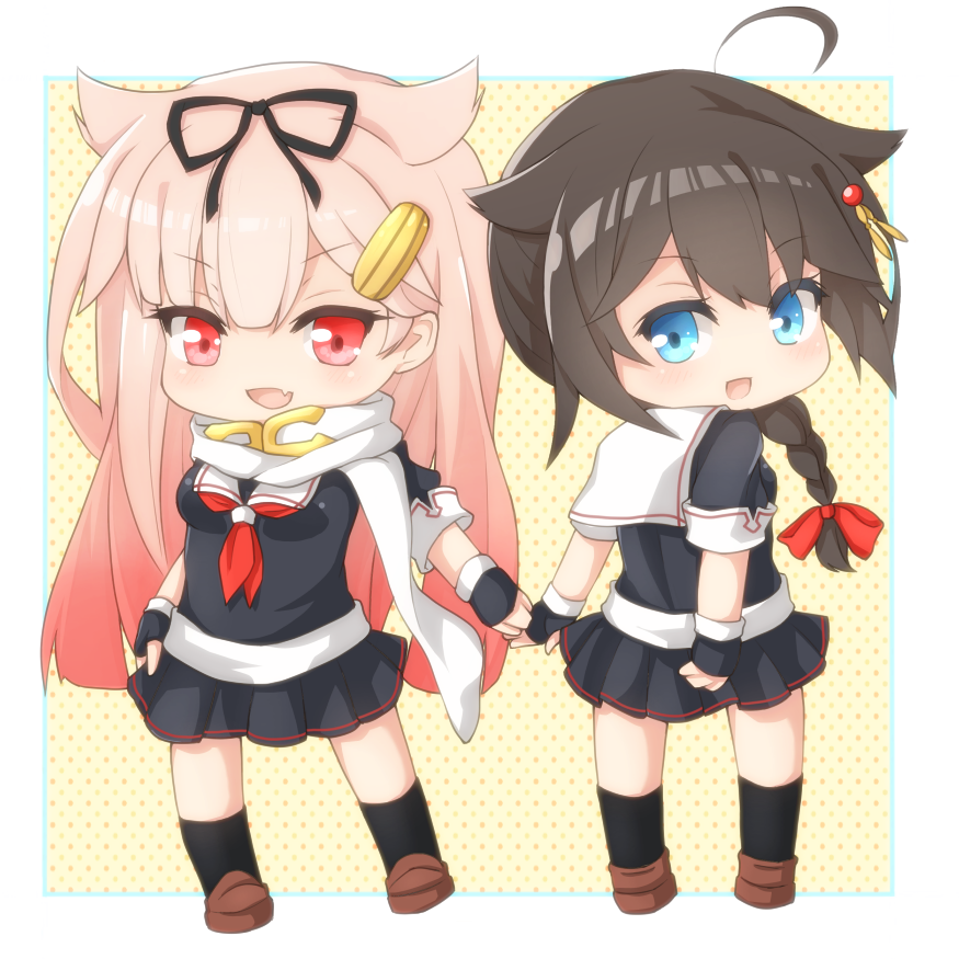 2girls blonde_hair bow chibi hair_bow hair_ornament hair_ribbon hairclip holding_hands kantai_collection long_hair multiple_girls personification rateratte red_eyes ribbon school_uniform serafuku shigure_(kantai_collection) yuudachi_(kantai_collection)