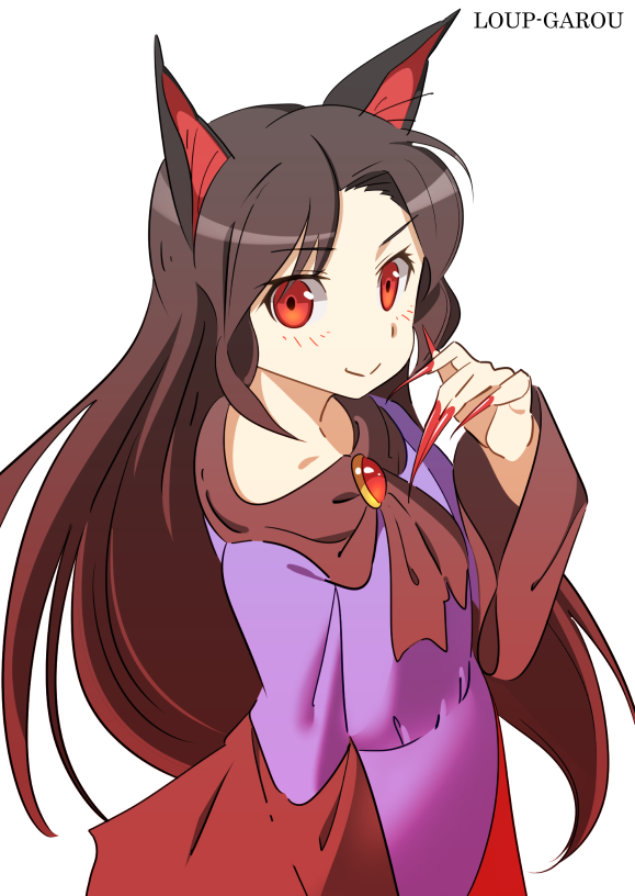 1girl animal_ears brooch brown_hair fingernails french imaizumi_kagerou jewelry kugata1 layered_dress long_fingernails long_hair long_sleeves looking_at_viewer raised_hand red_eyes sharp_fingernails simple_background smile solo touhou white_background wide_sleeves wolf_ears