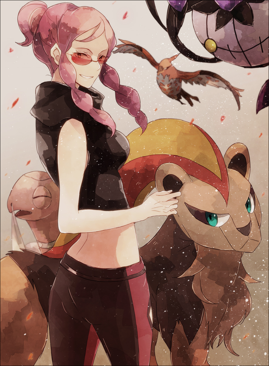 1girl chandelure elite_four grin highres long_hair looking_at_viewer looking_back midriff okii pachira_(pokemon) pink_hair pokemon pokemon_(creature) pokemon_(game) pokemon_xy pyroar red_glasses smile sparks talonflame torkoal twintails