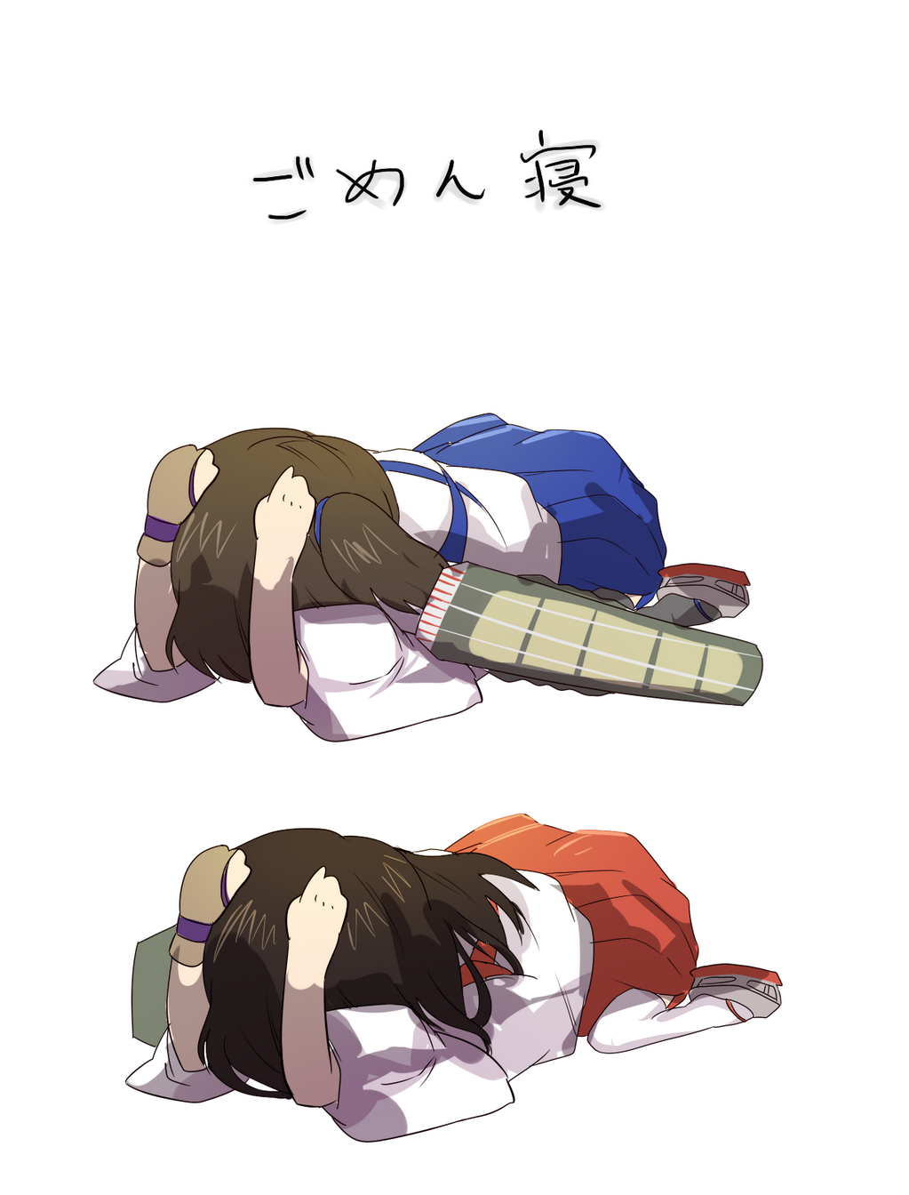 2girls akagi_(kantai_collection) all_fours ashiwara_yuu bowing brown_hair hands_on_own_head highres japanese_clothes kaga_(kantai_collection) kantai_collection long_hair multiple_girls side_ponytail simple_background sleepy translated white_background yugake