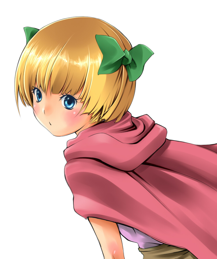 1girl belt bianca's_daughter blonde_hair blue_eyes blush bob_cut bow cape dragon_quest dragon_quest_v from_behind green_bow hair_bow i-la looking_at_viewer looking_over_shoulder short_hair simple_background solo white_background