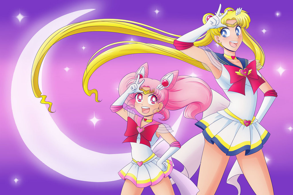 2girls bishoujo_senshi_sailor_moon blonde_hair blue_eyes choker crescent crescent_moon double_bun earrings elbow_gloves gloves hair_ornament hand_on_hip jewelry long_hair magical_girl moon multiple_girls pink_eyes pink_hair pleated_skirt sabasse sailor_collar salute skirt super_sailor_chibi_moon super_sailor_moon tiara twintails v very_long_hair white_gloves