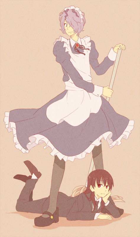 1boy 1girl adult bangs black_eyes brown_background brown_hair collared_shirt crossdressinging dress expressionless formal frilled_dress frills garry_(ib) hair_over_one_eye head_on_hand holding ib ib_(ib) jewelry long_hair lying maid maid_apron maid_headdress messy_hair mop necktie one_eye_covered payot purple_hair red_eyes shadow shoes simple_background standing suikka suit