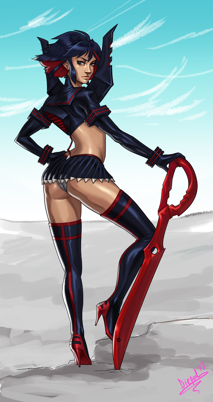 1girl ass black_hair blue_eyes blue_sky boots diepod elbow_gloves from_behind gloves hand_on_hip high_heel_boots highres kill_la_kill lips looking_back matoi_ryuuko microskirt multicolored_hair nose one_leg_raised panties pleated_skirt redhead revealing_clothes scissor_blade senketsu shiny shiny_clothes short_hair skirt sky solo thigh_boots thighhighs two-tone_hair underwear white_panties