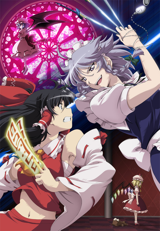4girls armpits ascot bare_shoulders bat_wings between_fingers black_hair blonde_hair blue_dress blue_hair bow braid clenched_teeth cover detached_sleeves dress dvd_cover flandre_scarlet grey_eyes hair_bow hair_tubes hakurei_reimu izayoi_sakuya knife long_sleeves lunamoon maid maid_headdress midriff mob_cap multiple_girls navel open_mouth pink_dress pocket_watch puffy_sleeves remilia_scarlet sarashi sash shirt short_sleeves siblings silver_hair sisters skirt skirt_set smile spell_card stained_glass stuffed_animal stuffed_toy teddy_bear touhou twin_braids watch wide_sleeves wings