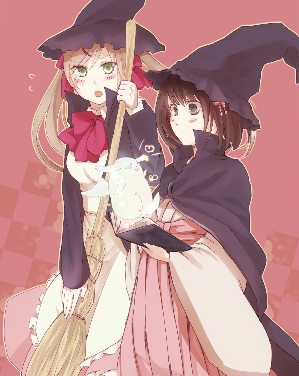 2girls :3 apron axis_powers_hetalia bangs black_eyes blonde_hair blunt_bangs blush blush_stickers book broom brown_hair buttons cape checkered creature dress flying_sweatdrops genderswap green_eyes grey_eyes hair_ornament hat heart highres holding japan_(hetalia) japanese_clothes multiple_girls open_mouth pink_background pink_dress ribbon sumaki twintails united_kingdom_(hetalia) wings witch_hat