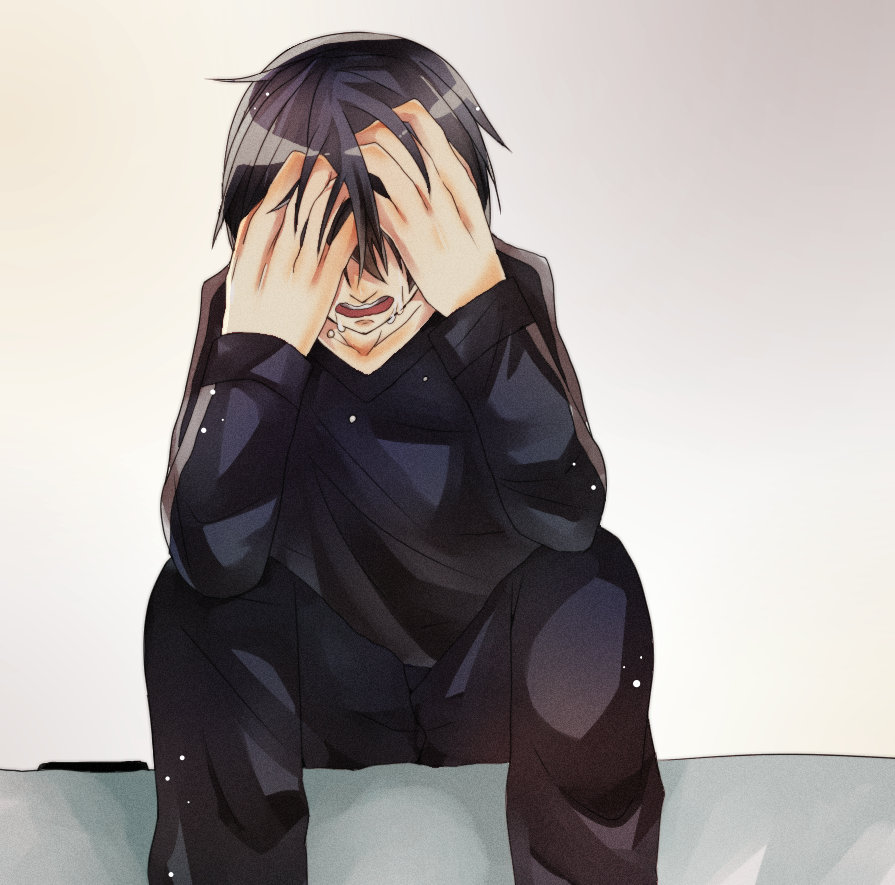 1boy black_hair closed_eyes getsuyoubi kirito male short_hair sitting sword_art_online tears