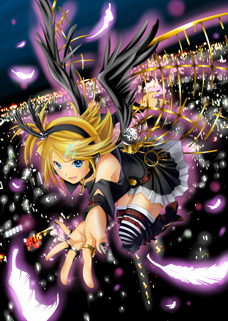 1girl alternate_costume arm_belt bare_shoulders belt belt_buckle black_dress black_nails black_wings blonde_hair blue_eyes boots choker city_lights dress fang feathers flying glowing_feather graphite_(medium) hair_ornament hairband hairclip headphones high_heel_boots i-la jewelry kagamine_rin key keyring knee_boots leg_belt mechanical_wings mechanical_wings_exposed midair mixed_media nail_art night open_mouth outstretched_hand ring skull_hair_ornament solo striped striped_legwear thigh_belt thighhighs traditional_media vocaloid wings zettai_ryouiki