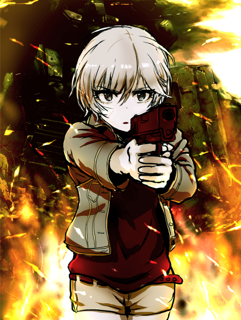 1girl anastasia_(idolmaster) belt butaneko fire gun handgun idolmaster idolmaster_cinderella_girls jacket short_hair shorts silver_hair solo weapon