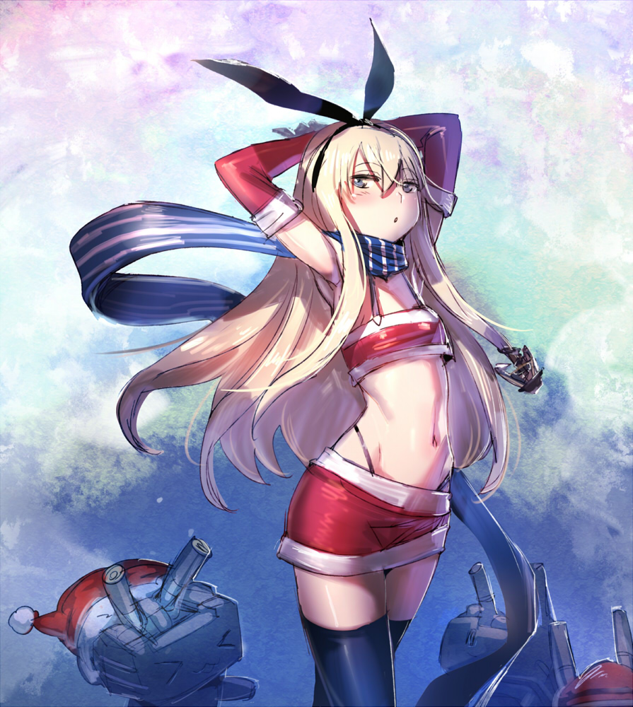 &gt;_&lt; 1girl alternate_costume armpits arms_up black_legwear black_panties blonde_hair blue_eyes blush bow_(bhp) christmas elbow_gloves flat_chest gloves hairband hat highleg highleg_panties kantai_collection long_hair looking_at_viewer navel panties pencil_skirt personification red_gloves rensouhou-chan santa_hat scarf shimakaze_(kantai_collection) thighhighs tubetop underwear