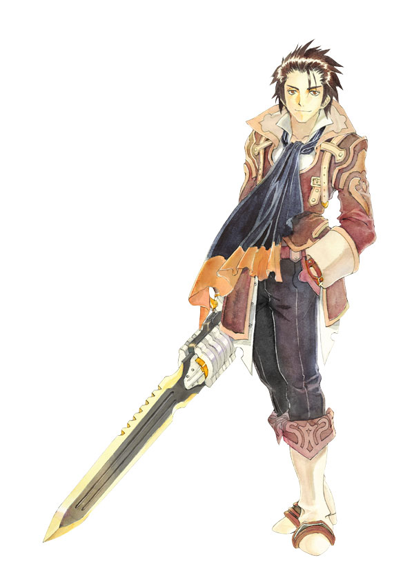 1boy alvin_(tales_of_xillia) boots brown_eyes brown_hair fujishima_kousuke namco official_art short_hair smile solo sword tales_of_(series) tales_of_xillia weapon