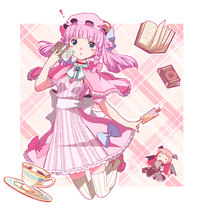 ! 1girl :o adapted_costume alternate_hairstyle bangs between_fingers blue_eyes blunt_bangs blush book bookmark bow braid capelet character_doll cup dress hair_bow koakuma leo_hariyoru long_hair looking_at_viewer minigirl patchouli_knowledge pink_dress plaid plaid_background solo striped striped_legwear teacup thighhighs touhou twin_braids vertical-striped_legwear vertical_stripes zettai_ryouiki