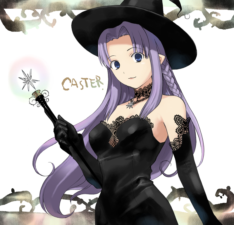 1girl bare_shoulders blue_eyes braid breasts caster choker cleavage elbow_gloves fate/stay_night fate_(series) gloves glowing hat jewelry lace lipstick long_hair makeup necklace pendant pointy_ears purple_hair see-through side_braid smile solo takenashi_eri very_long_hair vines wand witch witch_hat
