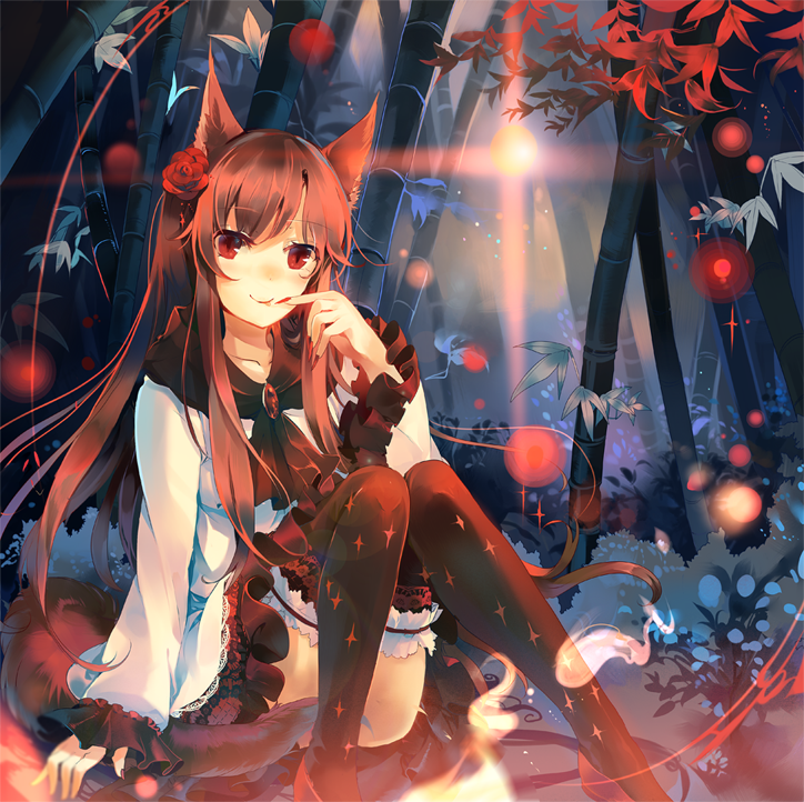 1girl album_cover animal_ears bamboo bamboo_forest brooch brown_eyes brown_hair brown_legwear cover dress finger_to_mouth forest imaizumi_kagerou jewelry kirero long_sleeves nature smile solo tail thighhighs touhou white_dress wide_sleeves wolf_ears wolf_tail zettai_ryouiki