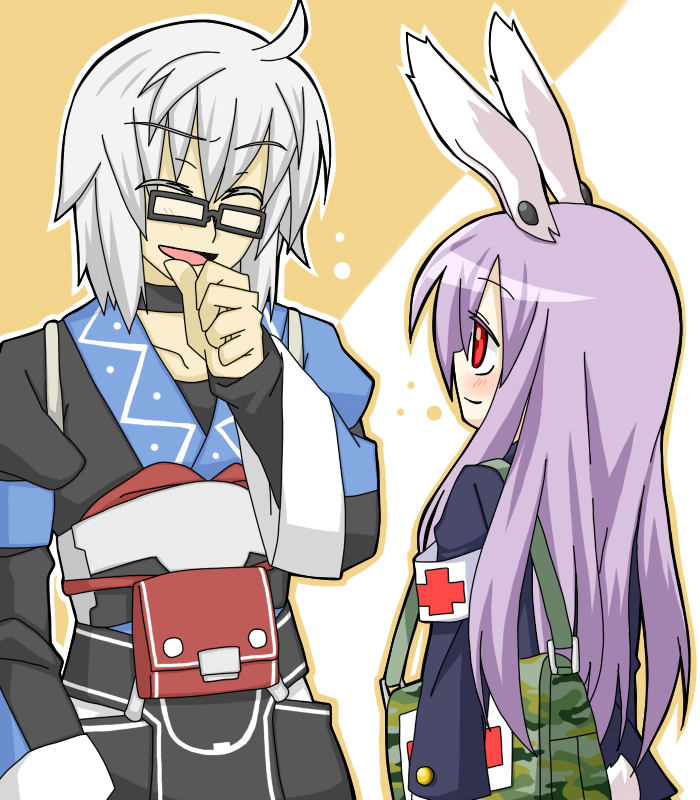1boy 1girl ahoge animal_ears armband bag blush bunny_tail choker closed_eyes colored_eyelashes from_behind glasses hand_to_own_mouth japanese_clothes lavender_hair long_hair long_sleeves looking_at_another morichika_rinnosuke open_mouth outline rabbit_ears red_cross red_eyes reisen_udongein_inaba sag_(karehabase) satchel short_hair silver_hair smile suit_jacket tail touhou two-tone_background