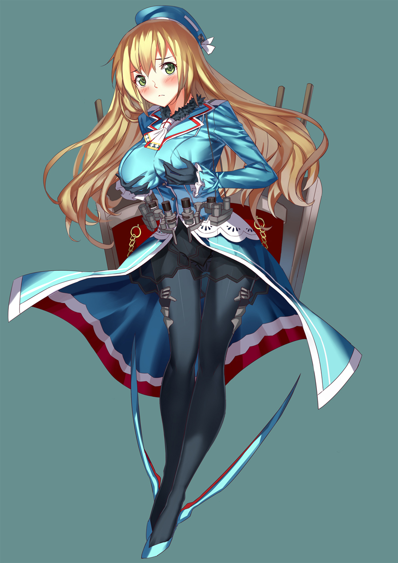 1girl atago_(kantai_collection) black_legwear blonde_hair blush breasts gloves green_eyes hat kantai_collection large_breasts long_hair looking_at_viewer military military_uniform miyazaki_byou pantyhose solo uniform