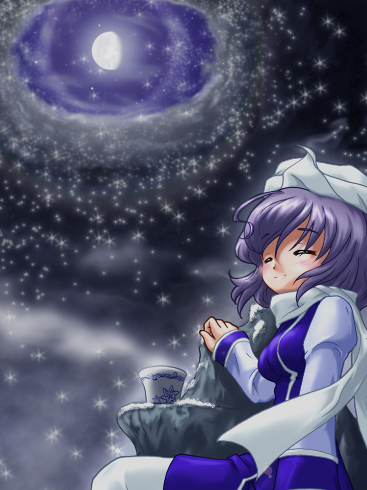 1girl blush breasts closed_eyes cloudy_sky cup fujimiya_kikyou gibbous_moon hand_rest hat juliet_sleeves knee_up lavender_hair layered_dress letty_whiterock long_sleeves night night_sky puffy_sleeves rock scarf short_hair sky smile snowing solo steam touhou